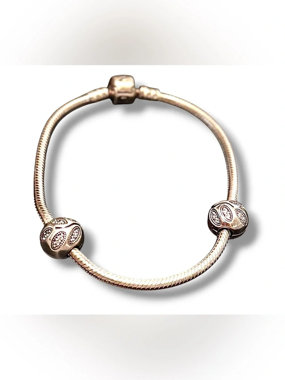 Pandora Charm Bracelet with 2 Rhinestone Clip Beads- Women's Jewelry